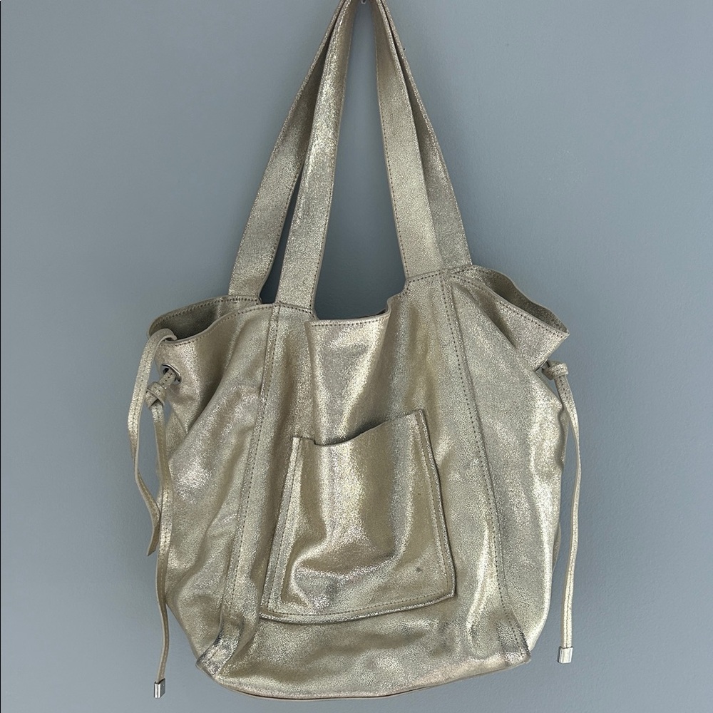 Zara metallic Gold Tote Bag with Front Pocket